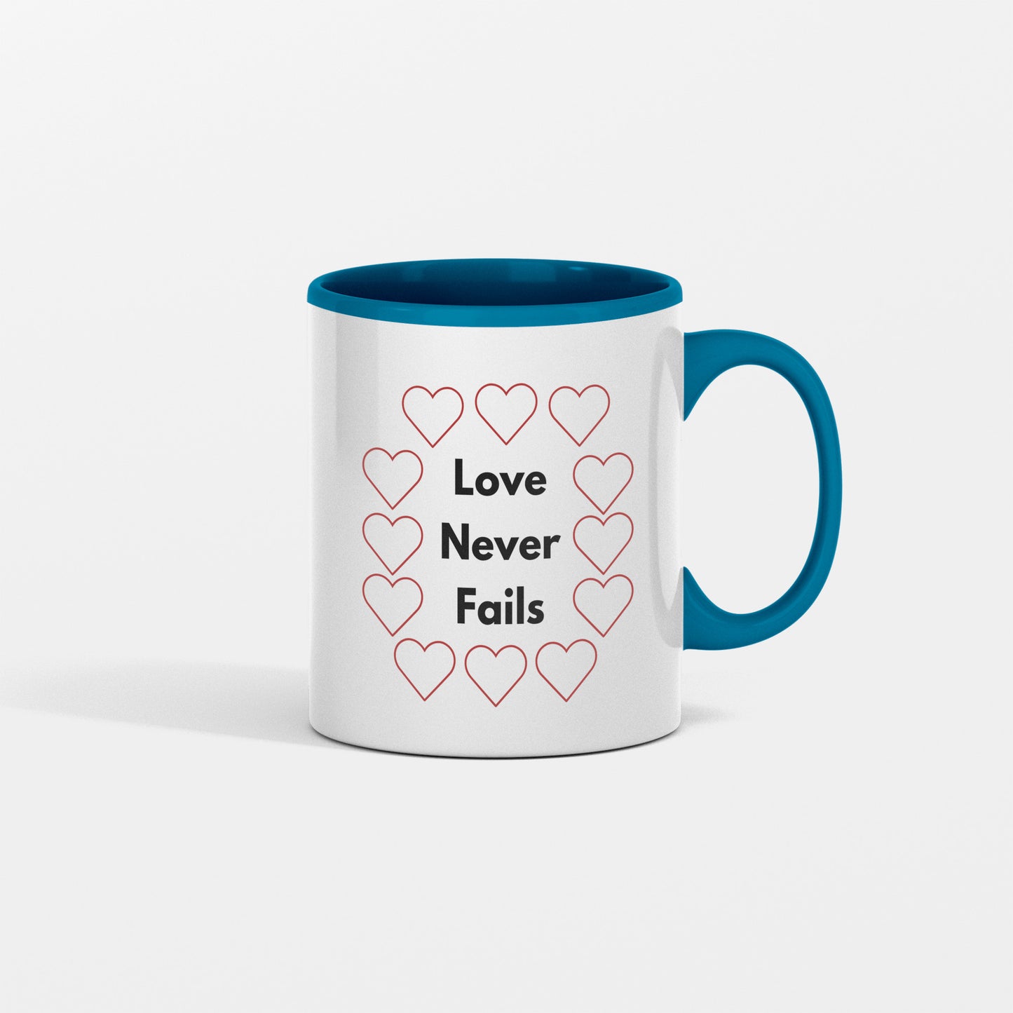 Lover never fails ceramic coffee mug - Inspirational gift idea for romantic occasions - Valentine, Bridal shower, Wedding, Anniversaries - free shipping USA