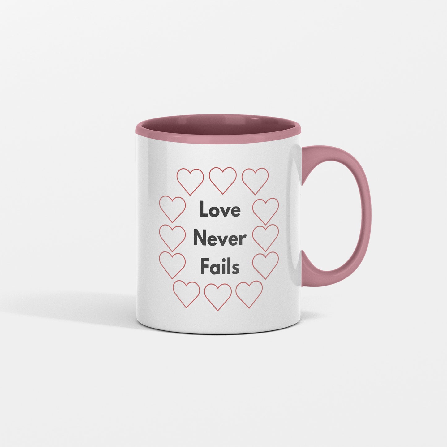 Lover never fails ceramic coffee mug - Inspirational gift idea for romantic occasions - Valentine, Bridal shower, Wedding, Anniversaries - free shipping USA