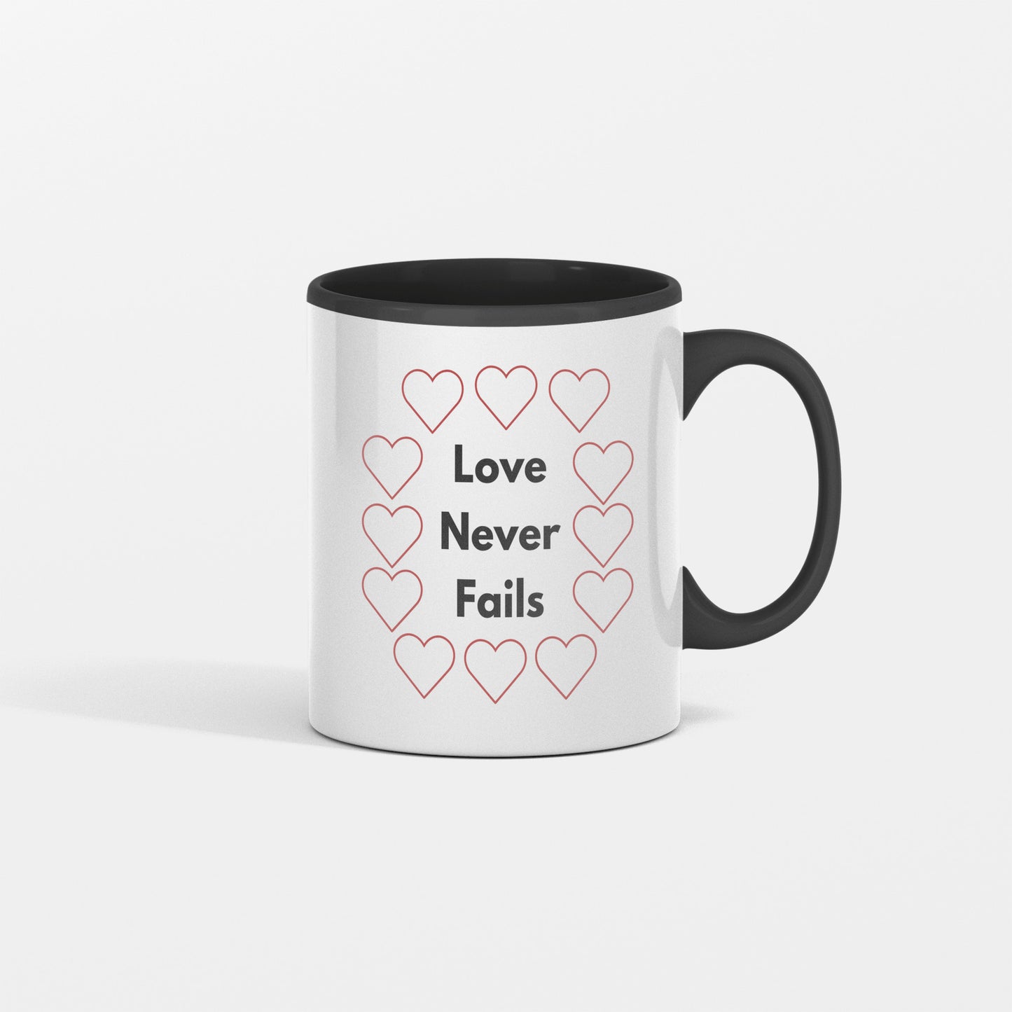 Lover never fails ceramic coffee mug - Inspirational gift idea for romantic occasions - Valentine, Bridal shower, Wedding, Anniversaries - free shipping USA