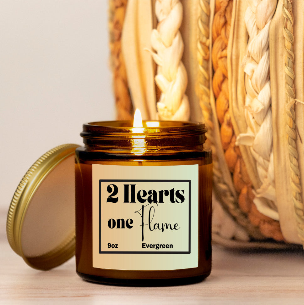 Refreshing 9oz Evergreen scented soy wax candle - 2 Hearts 1 Flame - Perfect for couples - free shipping to USA