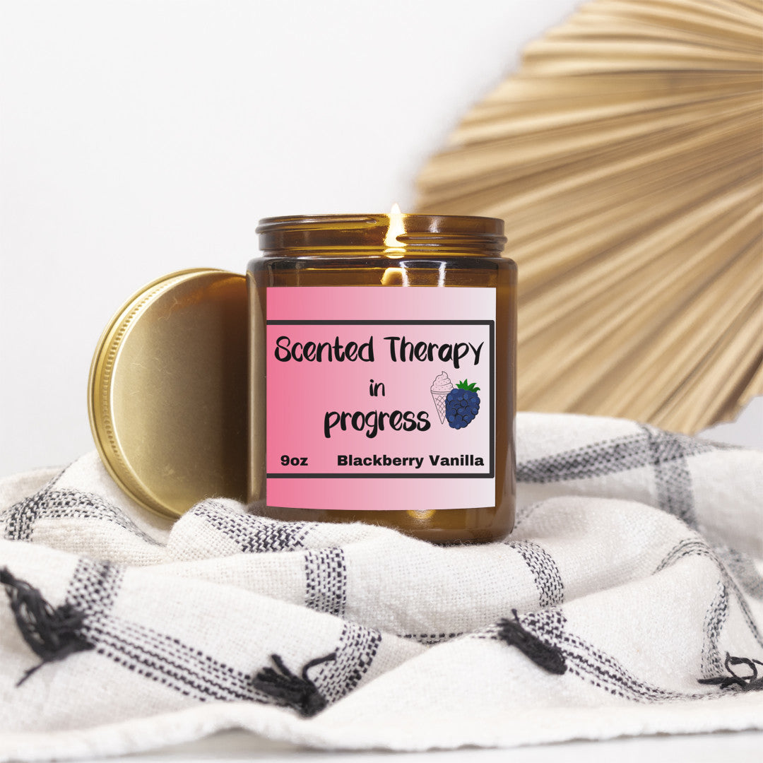 Relaxing 9oz Blackberry Vanilla scented soy wax candle - Scented Therapy in Progress - Perfect for selfcare nights - free shipping to USA