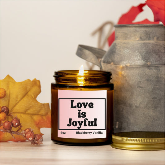 Invigorating 4oz Blackberry Vanilla scented soy wax candle - Love is joyful - Perfect for Valentines, Bridal showers, Engagement parties, Wedding celebrations - free shipping to USA