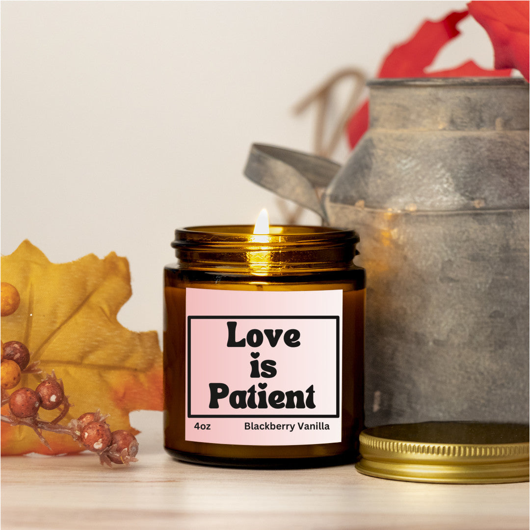 Relaxing 4oz Blackberry Vanilla scented soy wax candle - Love is patient - Perfect for Valentines, Bridal showers, Engagement parties, Wedding celebrations - free shipping to USA