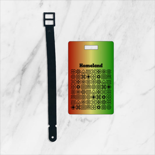 Boldly Ghana custom plastic luggage tag - Gradient red, yellow, green color, bold statement - Adinkra symbols - free shipping to USA