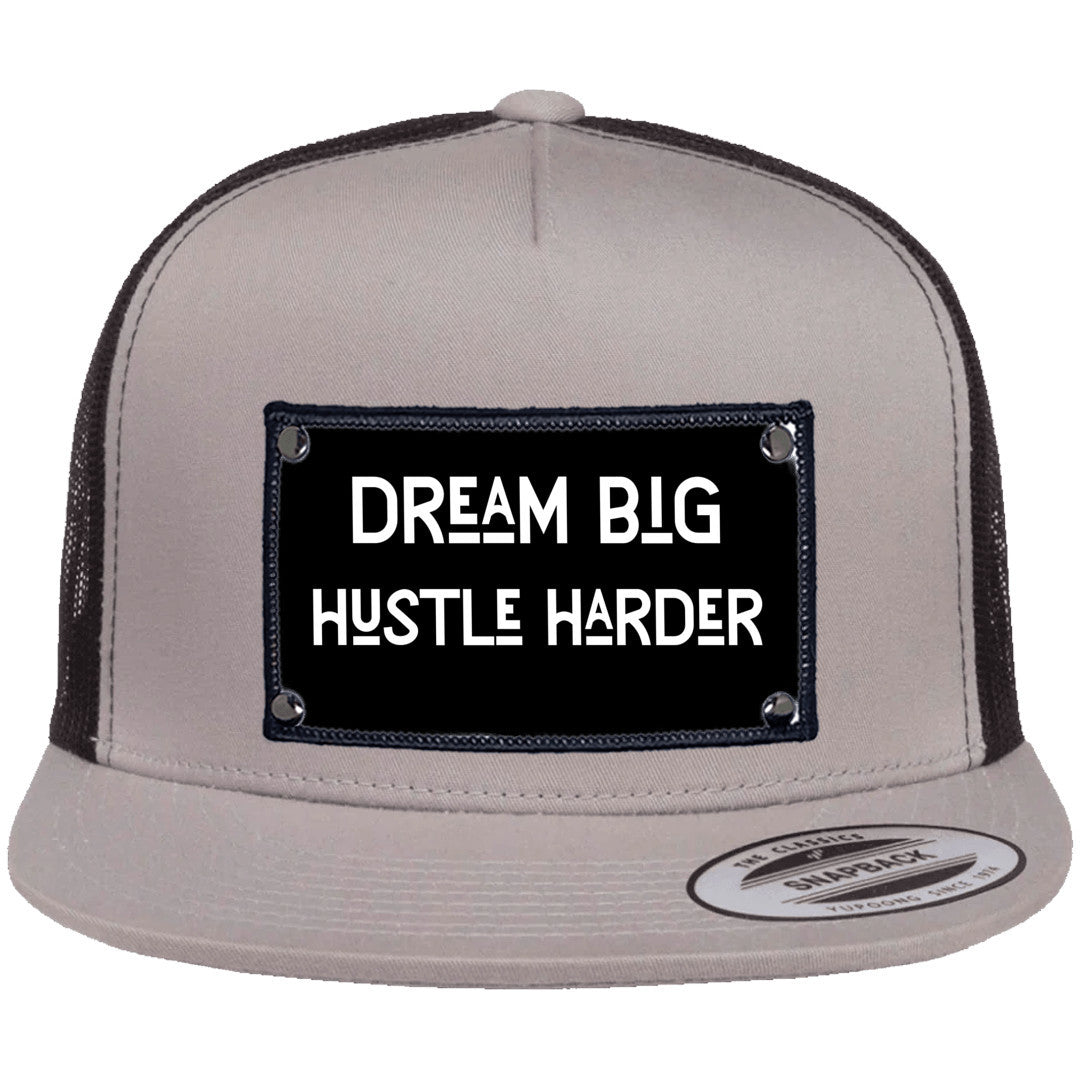 Dream big, hustle harder Yupoong 6006 flat trucker hat | Brown / black hat - free shipping to USA