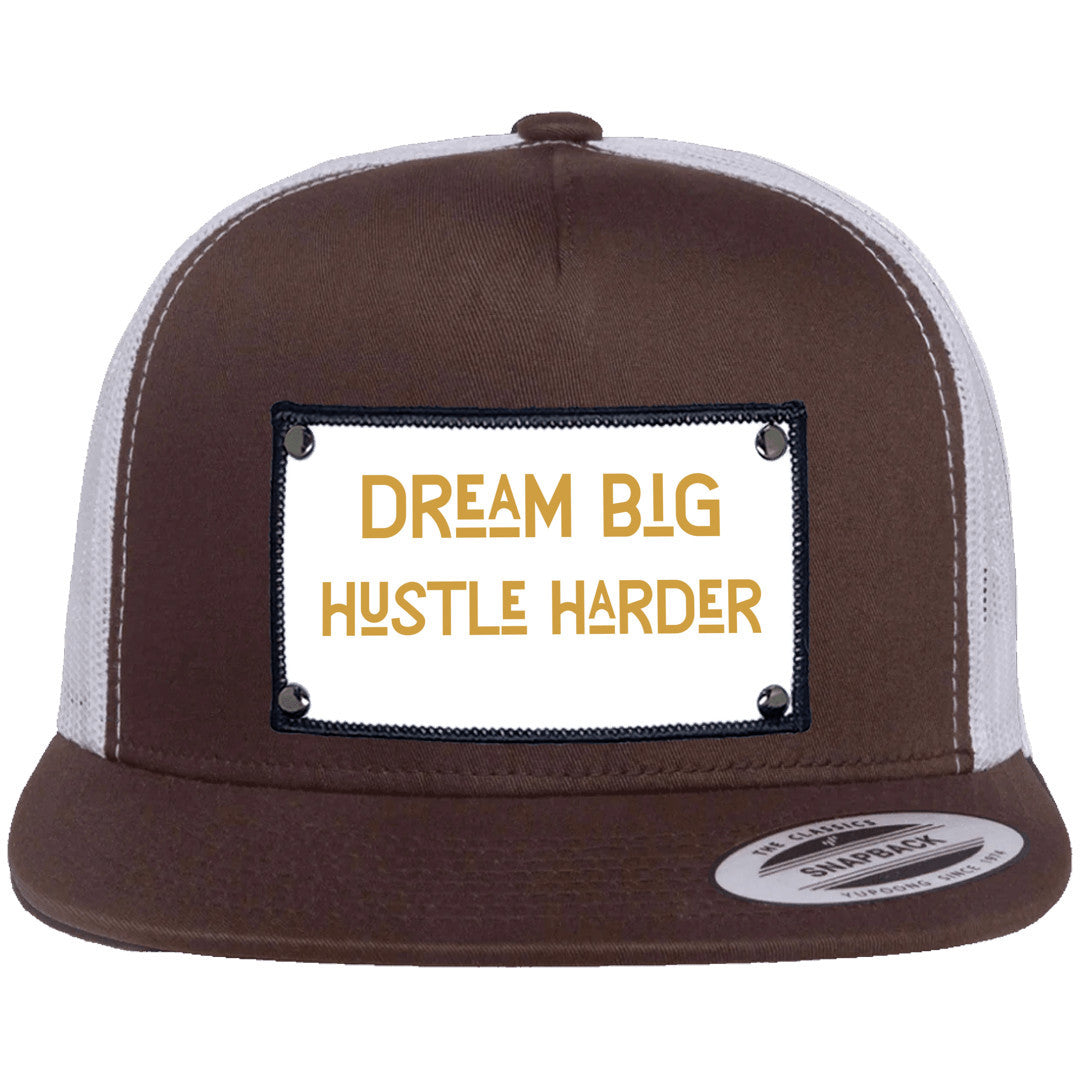 Dream big, hustle harder Yupoong 6006 flat trucker hat | Brown / white hat - free shipping to USA