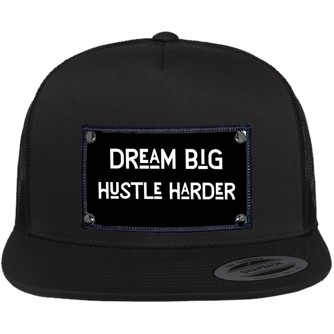 Dream big, hustle harder Yupoong 6006 flat trucker hat | Black hat - free shipping to USA