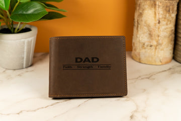 Personalized Leather Wallet for Dad – Engraved “Faith Strength Family” | RFID Blocking Genuine Leather Gift